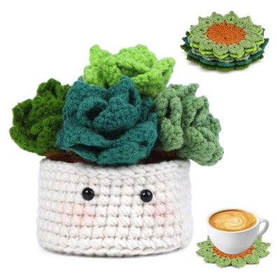 FTEVEN Beginners Crochet Kit, 6pcs Coasters Crochet Starter Kit Plant Pot, Complete Craft Knitting Supplies Kit with Step-by-Step Video Tutorials,