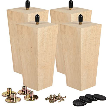 La Vane 8 inch Wooden Furniture Legs, Set of 4 Solid Wood Square Unfinished Mid-Century Modern Replacement Bun Feet with Pre-Drilled 5/16 Inch Bolt &