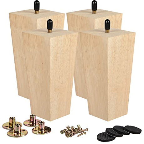 La Vane 8 inch Wooden Furniture Legs, Set of 4 Solid Wood Square Unfinished Mid-Century Modern Replacement Bun Feet with Pre-Drilled 5/16 Inch Bolt & La Vane