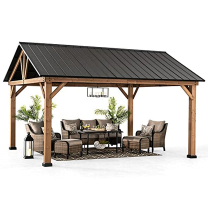 Sunjoy Wood Gazebo 13 x 15 ft. Outdoor Patio Premium Cedar Frame Gazebos with Matte Black Steel Gable Hardtop Roof for Garden, Backyard Shade, Black