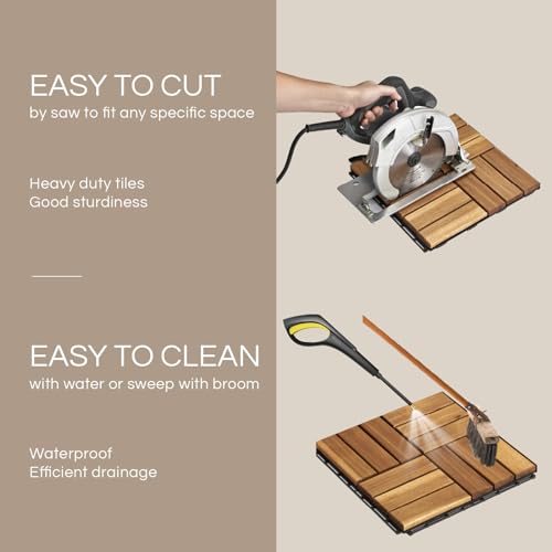 THYOI 10 Pcs Acacia Wood Deck Tiles 12" x 12", Deck Tiles Interlocking Outdoor All Weather, Patio Flooring Waterproof, Wood Patio Tiles for Indoor THYOI