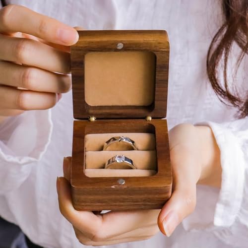 BOWIPOR Wooden Wedding Ring Box Custom Engagement Ring Box - Double Slot Ring Box, Personalized Wedding Ring Bearer, Engraved Proposal Ring Holder, - WoodArtSupply