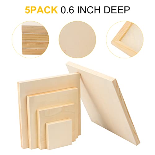 5 Pieces Wood Panels 5 Sizes Square Unfinished Wood Canvas Wooden Paint Pouring Panel Boards for Painting Drawing Home Decor