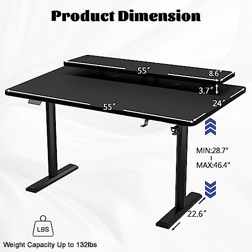 Shahoo Electric Standing Desk with Monitor Shelf, 55 x 24 Inches Height Adjustable Corner Table, Computer Workstation with Cup Holder and Hook for - WoodArtSupply