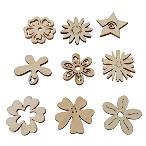 Healifty 50pcs Unfinished Wood Cutouts Assorted Flowers Shapes Wood Slices for DIY Craft Wedding Birthday Table Scatter Confetti