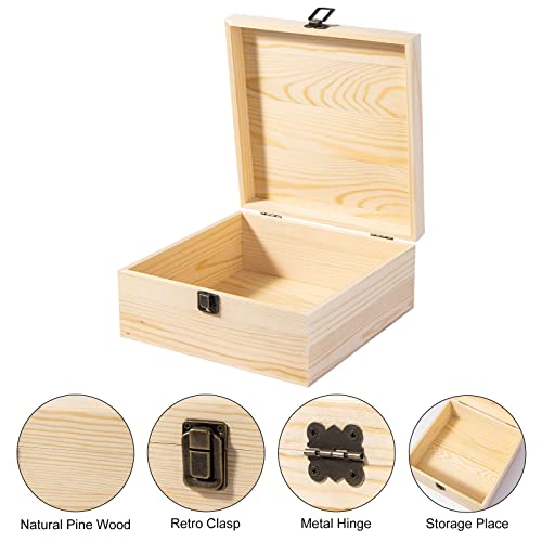 Useekoo Unfinished Wooden Storage Box with Hinged Lid, 9.1'' x 9.1'' x 3.9'' Large Keepsake Box, Rustic Wood Gift Boxes for Jewelry, Art Hobbies, DIY Useekoo