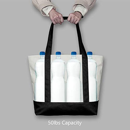 TOPDesign 1 | 3 | 6 | 30 Pack Stylish Canvas Tote Bag with an External Pocket, Top Zipper Closure, Daily Essentials (Black/Natural Pack of 1) - WoodArtSupply