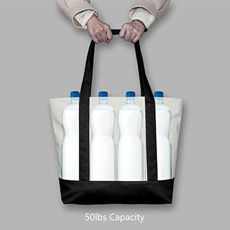 TOPDesign 1 | 3 | 6 | 30 Pack Stylish Canvas Tote Bag with an External Pocket, Top Zipper Closure, Daily Essentials (Black/Natural Pack of 1) TOPDesign