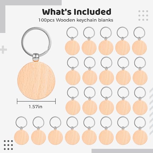 Wooden Keychain Blanks, 100 Pcs Round Wood Tags Finely Polished, Blank Wood Keyrings for Personalized DIY Crafts, Christmas Pendants, Wall Hangings,