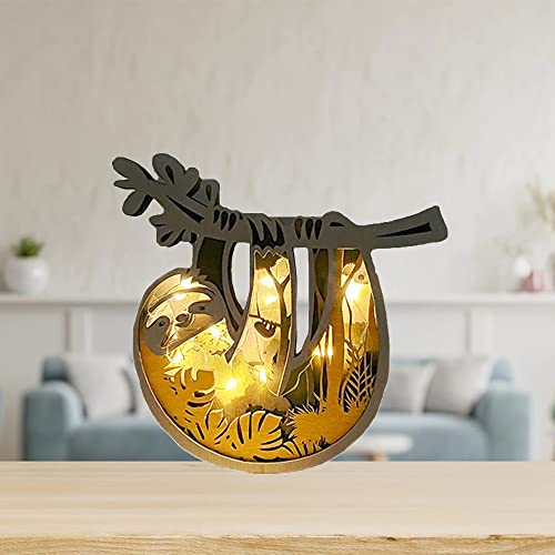 Bijouweled Custom Wooden Animals Desktop Ornament, 3D Natural Animal Decoration with Light, Personlaized Text Wooden Animal Carvings for New Year Bijouweled