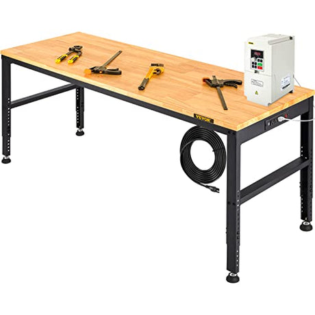VEVOR 60" Adjustable Workbench, Heavay Duty Workstation 2000 LBS Load Capacity, with Power Outlets & Rubber Wood Top & Metal Frame & Foot Pads, for VEVOR