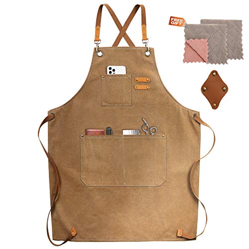 ZOMAO Chef Apron, Cotton Canvas Cross Back Apron with Pockets for Women and Men,Adjustable Strap and Large Pockets Apron,Kitchen Cooking Baking Bib - WoodArtSupply