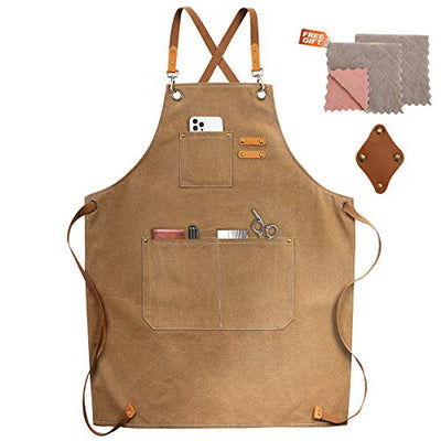 ZOMAO Chef Apron, Cotton Canvas Cross Back Apron with Pockets for Women and Men,Adjustable Strap and Large Pockets Apron,Kitchen Cooking Baking Bib