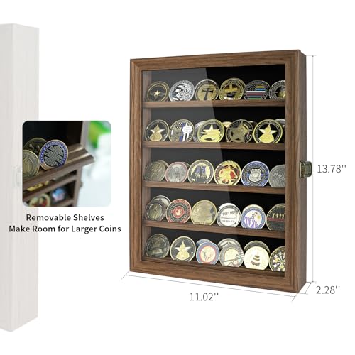 DecoWoodo Military Challenge Coin Display Case with HD Glass Door- 5 Rows Medal Display Case Cabinet Rack Shadow Box with Removable 2 Grooves Shelves - WoodArtSupply