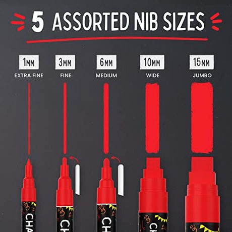 5 Red Chalkboard Chalk Markers - Red Dry Erase Markers for Blackboard, Chalkboard Signs, Windows, Glass | Variety Pack - Fine & Jumbo Size Ink Pen Chalkola