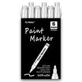 White Paint Pens, 6 Pack 2.5mm Medium Tip White Paint Marker Permanent for Wood Rock Plastic Leather Glass Stone Metal Canvas Ceramic Fabric Tire FLYMAX