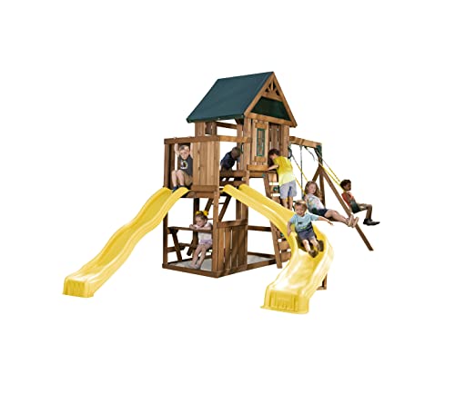 Swing-N-Slide WS 8355 Castlebrook Swing Set with Two Slides, Swings & Climbing Wall, Wood Swing-N-Slide