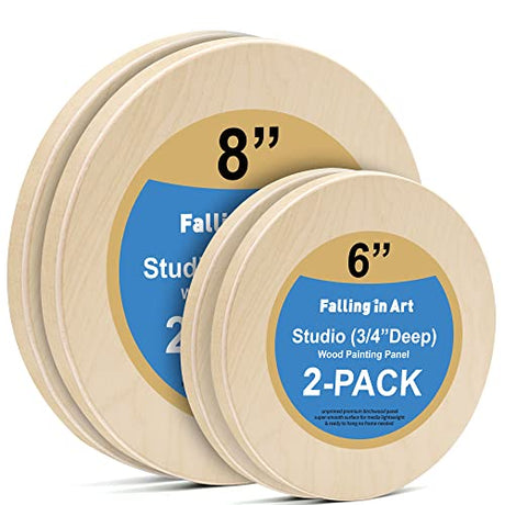 Falling in Art Unfinished Round Birch Wood Panels Kit for Painting, Wooden Canvas 4 Pack of 6 and 8" Studio 3/4" Deep, Cradle Boards for Pouring, Falling in Art