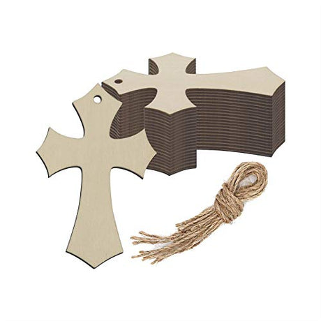 20pcs Wooden Cross Hanging Ornaments Cross Shaped Wood DIY Crafts Cutouts with Hole Hemp Ropes Gift Tags for Wedding Birthday Halloween Christmas Creaides