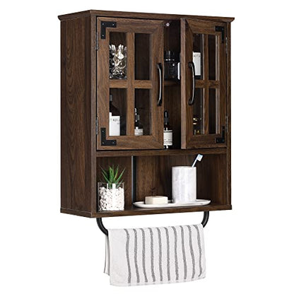 RUSTOWN Wood Wall Storage Cabinet with Cross Glass Doors, Farmhouse Wall Mounted 3 Tier Rustic Cabinet with Adjustable Shelves and Towel Bar for - WoodArtSupply