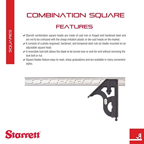 Starrett Steel Combination Square with Square Head - 12" Blade Length, Cast Iron Head, Hardened Steel, Reversible Lock Bolt, Scriber, 4R Graduation Starrett