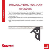 Starrett Steel Combination Square with Square Head - 12" Blade Length, Cast Iron Head, Hardened Steel, Reversible Lock Bolt, Scriber, 4R Graduation Starrett