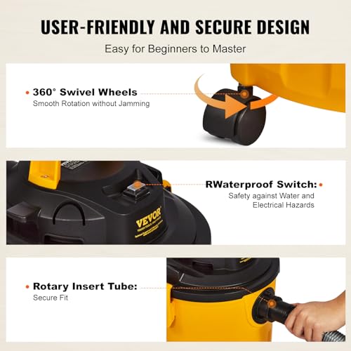 VEVOR Shop Vacuum Wet and Dry, 5 Gallon 6 Peak HP Wet/Dry Vac, Powerful Suction with Blower Function with Attachments 2-in-1 Crevice Nozzle, Small VEVOR