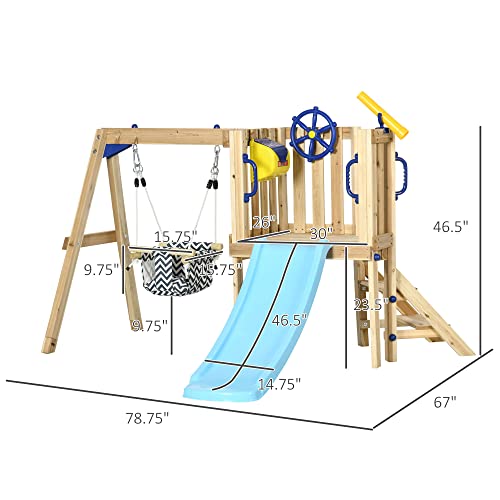 Outsunny 3 in 1 Wooden Swing Set Outdoor Playset with Baby Swing Seat, Toddler Slide, Captain's Wheel, Telescope, Kids Backyard Playground Equipment, Outsunny