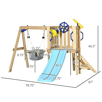 Outsunny 3 in 1 Wooden Swing Set Outdoor Playset with Baby Swing Seat, Toddler Slide, Captain's Wheel, Telescope, Kids Backyard Playground Equipment,