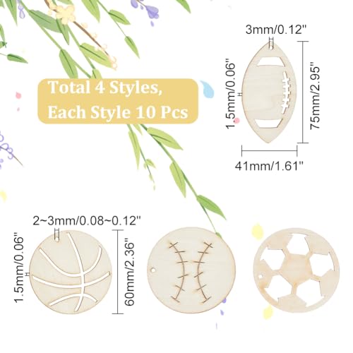 NBEADS 40 Pcs Sport Ball Theme Unfinished Wood Cutout, Unfinished Wood Pieces Wood Craft Blanks Laser Cut Wood Charms for DIY Crafts Decoration NBEADS