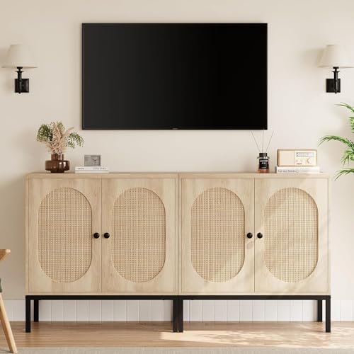 GAOMON Sideboard Buffet Cabinet, Rattan Storage Cabinet, Wood Accent Cabinet with Door and Shelf, Console Cabinet with Storage, Sideboard Cabinet for GAOMON