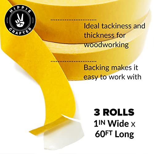 HIPPIE CRAFTER 3 Pk Double Stick Tape Double Sided Woodworking Tape 1" inch Wide Wood Tape for Woodworkers CNC Machines Routing Templates Strong HIPPIE CRAFTER