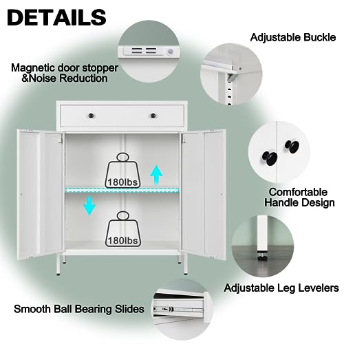 YEEZER Metal Storage Cabinet, Multipurpose Storage Cabinet and 1 Drawer, 2-Tier Office Cabinet for Home, Living Room, Gym, Apartment (White) - WoodArtSupply