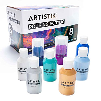 ARTISTIK Acrylic Pouring Paints - 8 x 100ml Paint Colour Set with 2 Mixing Cups - Paint Bottles for Art Supplies, Canvas, Glass, Paper, Wood, Stone,