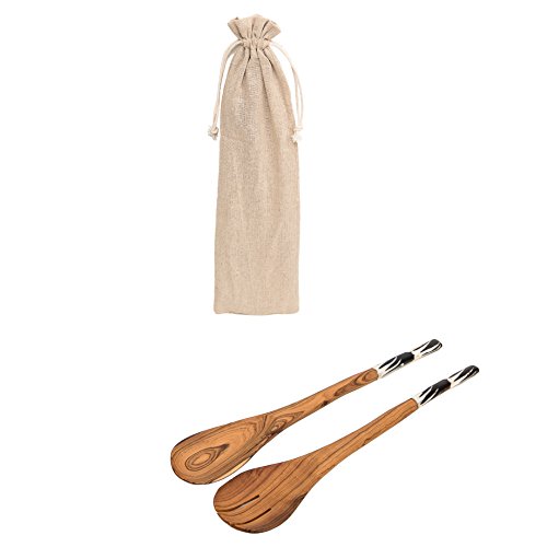 Olive Wood Salad Server Set in an eco-friendly Gift Bag – 2 Piece Fair Trade, Large Wooden Salad Server Spoons. Hand Carved & Beautifully Designed in African Inspired Design