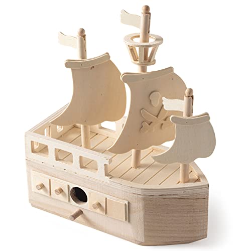 11" Wooden Pirate Ship Birdhouse by Make Market - Unfinished Hanging Birdhouse Made of 100% Wood, Outdoor Nesting Boxes - 1 Pack Make Market