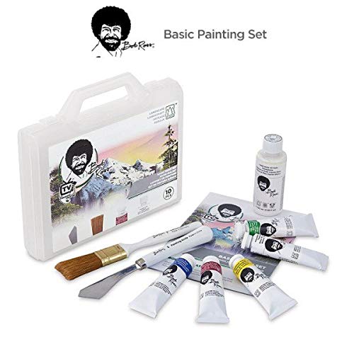 Bob Ross Basic Paint Set - 10 Piece Landscape Set with Plastic Storage and Carry Case, 2-in1 Studio Easel, Clear Plastic Palette - Bundle BobRoss