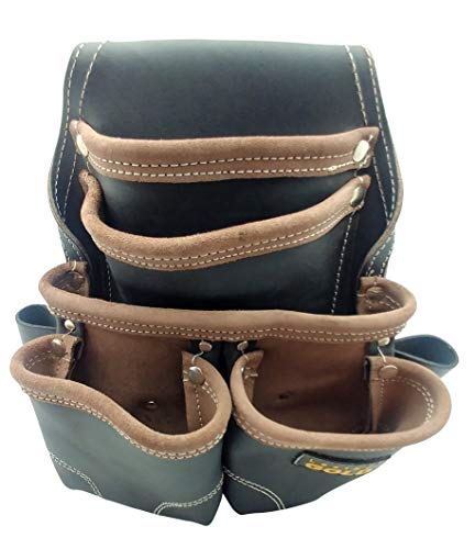 LEATHER GOLD Nail Pouch | Leather Tool Pouch 3150DP, 5 Pockets, Black, Oil-Tanned Leather, Heavy Duty Carpenter Tool Belt with Reinforced Seams and 2 Leather Gold