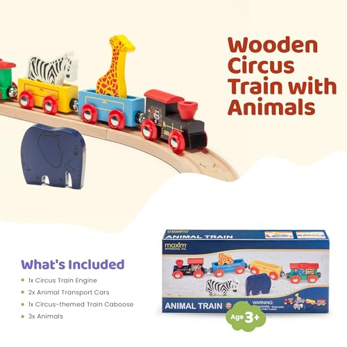 maxim enterprise, inc. Kids Circus Train with Steam Engine, 2 Cars, Caboose, 3 Wooden Animals, Natural Hardwood Railway Set with Easy Magnetic maxim enterprise, inc.