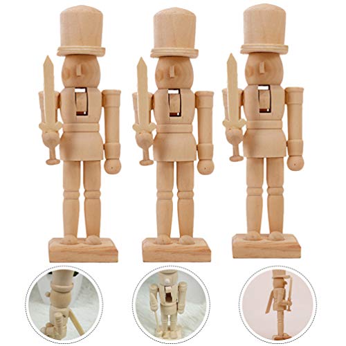 BESTOYARD 3pcs Unfinished Wood Nutcracker Ornaments Unpainted DIY Walnut Nutcracker Soldier Xmas Decoration Puppet Toys (Random Pattern) BESTOYARD