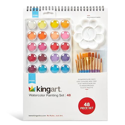 KINGART Studio Watercolor Painting Art Set - Paint, Brushes, Paper & Palette - WoodArtSupply