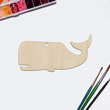 JANOU 20pcs Whale Shaped Wood Cutouts DIY Craft Unfinished Wooden Gift Tags with Ropes DIY Projects Embellishments Ornaments Decoration, 3.94x2 Inch JANOU