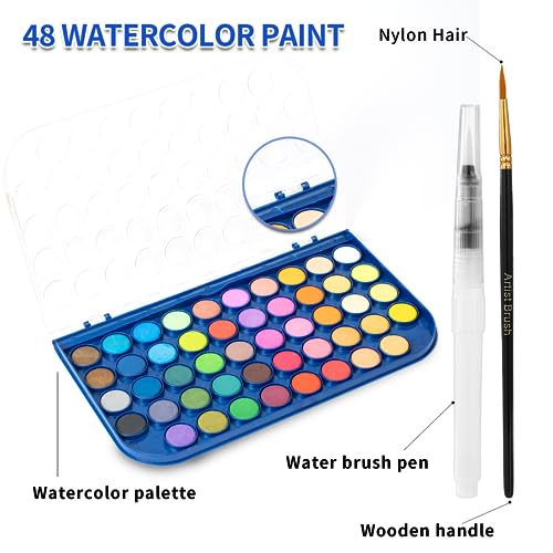 GETHPEN Filbert Paint Brushes Set Watercolor Paint 48 Colors GETHPEN
