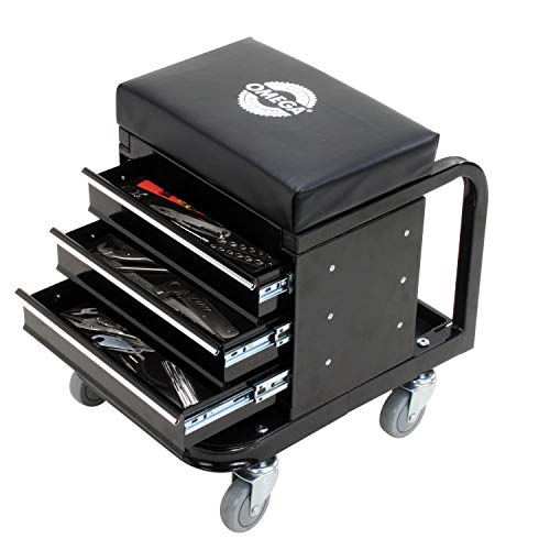 Omega-Lift Mechanic Stool with Wheels – Tool Box with Padded Chair Seat and Rolling Wheels for Garage – 450 Lbs Capacity - WoodArtSupply