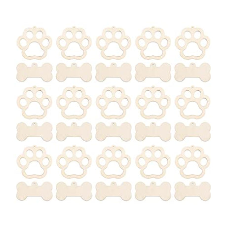 60pcs Mini Dog Bone Wood Crafts 2" Wooden Dog Paw Cutouts Unfinished Wood DIY Projects Hanging Ornaments with Jute Twines Gift Tags for Pets Party Creaides