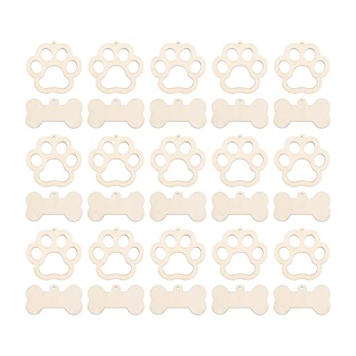 60pcs Mini Dog Bone Wood Crafts 2" Wooden Dog Paw Cutouts Unfinished Wood DIY Projects Hanging Ornaments with Jute Twines Gift Tags for Pets Party - WoodArtSupply