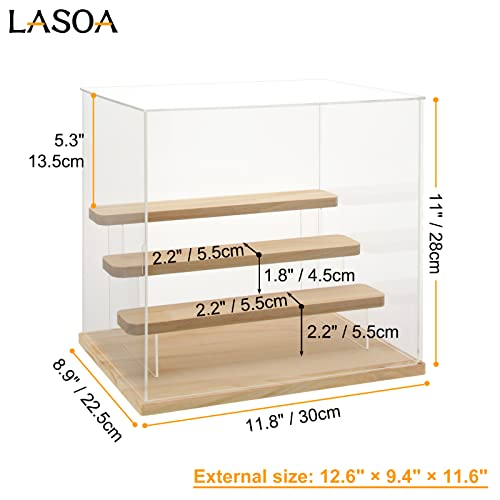LASOA 4 Tier Acrylic Display Case for Collectibles, Alternative Glass Display Box with Wood Base and Lid, Self-Assembly Clear Shelf Showcase for