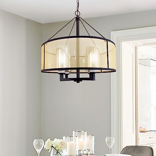 Elk Home Diffusion 4-Light Chandelier - in Oil Rubbed Bronze Finish, with Beige Organza with Mercury Glass Inner Shade, Transitional Style - WoodArtSupply