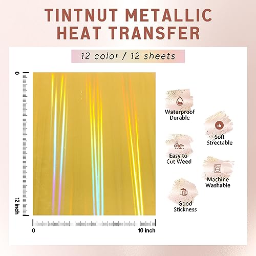 Tintnut Metallic Heat Transfer Vinyl Bundle Chrome HTV Vinyl,12 Sheets 12"x 10" Foil Holographic Gold Iron On Vinyl for Compatible with Cricut or Tintnut