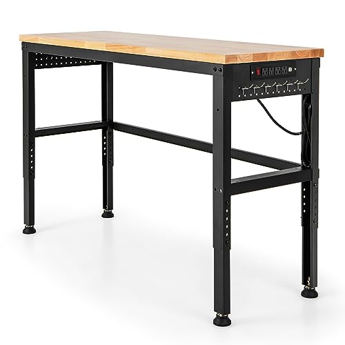 Goplus Work Bench with Power Outlet, 53” Oak Wood Adjustable l Work Table with Peg Racks, 1760 LBS Load Capacity, Foot Pads, Heavy Duty Steel - WoodArtSupply